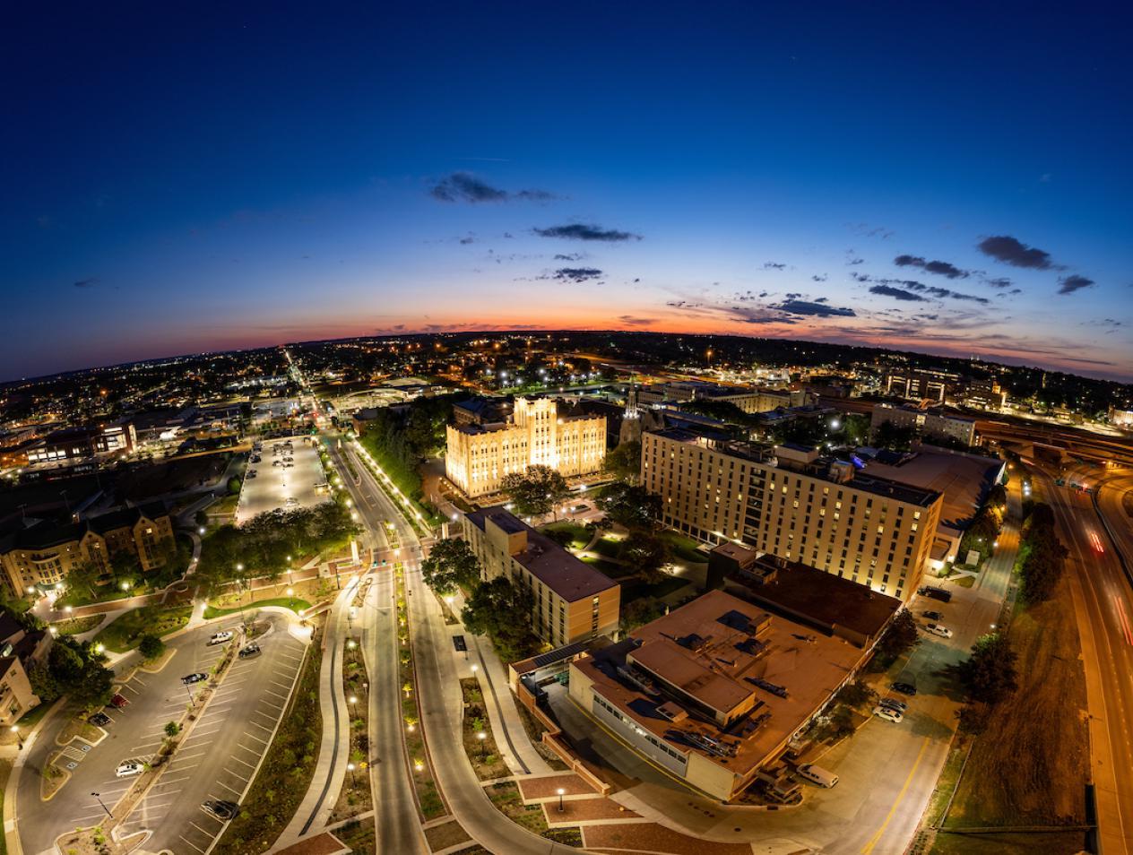 Creighton campus and Omaha streets with fish eye horizon